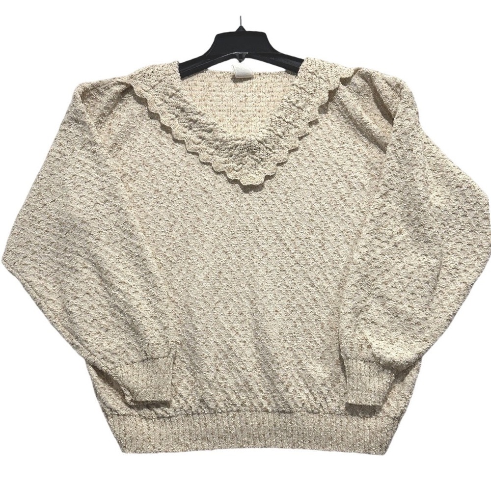 Women Beige Textured Knit V Neck Sweater Sz Large Cottagecore Old Money Fishrmen